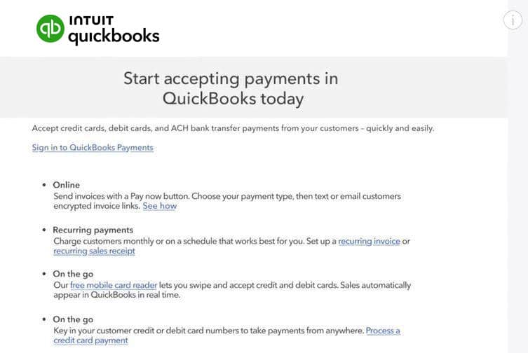 Accepting Payments through QuickBooks using a screen shot of the payment page.
