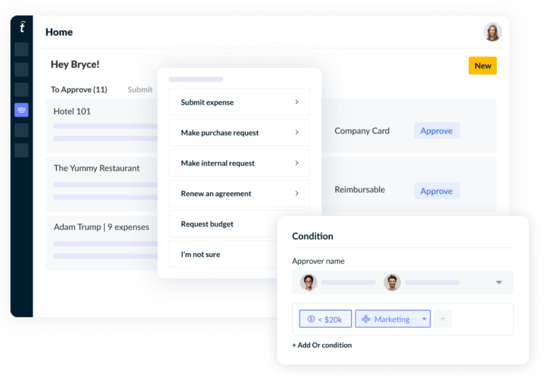 A purchase requisition dashboard showing options for submitting expenses, making purchasing requests, and applying conditions to automated processes.